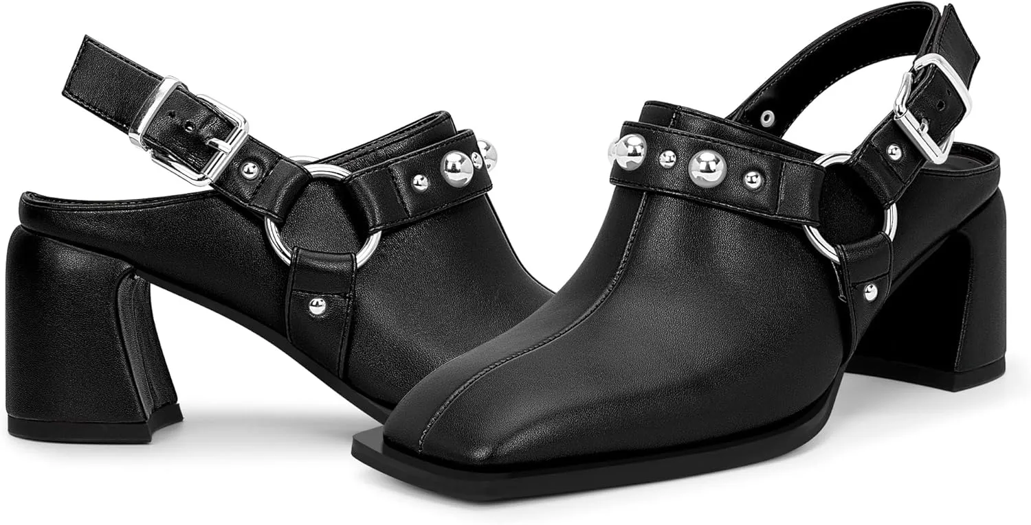 100FIXEO Women's Block Heel Slingback Pumps Studded Strap Buckle Square Toe Comfortable Shoes