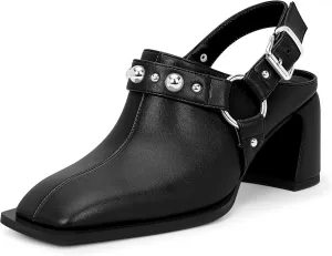 100FIXEO Women's Block Heel Slingback Pumps Studded Strap Buckle Square Toe Comfortable Shoes