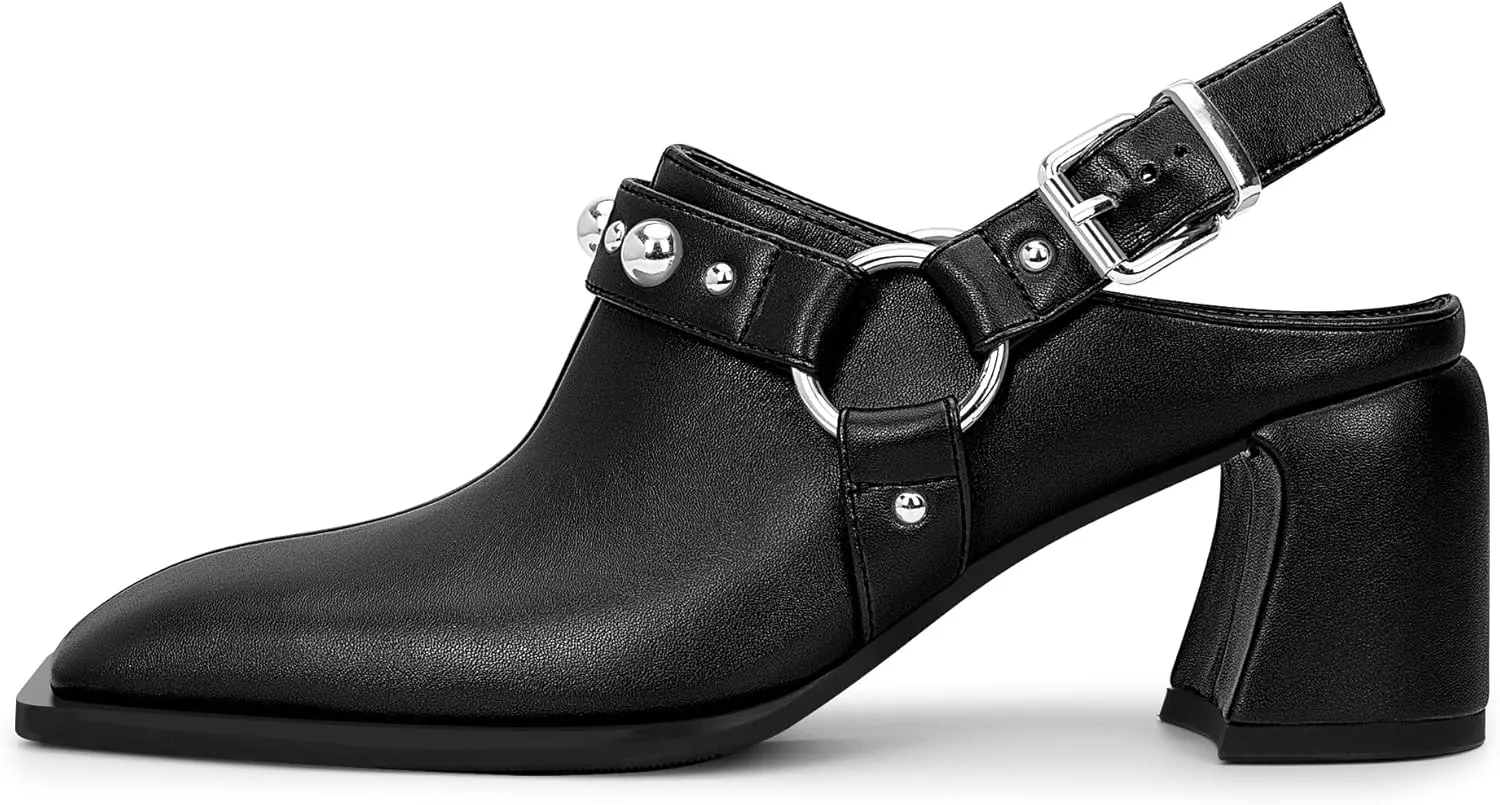 100FIXEO Women's Block Heel Slingback Pumps Studded Strap Buckle Square Toe Comfortable Shoes