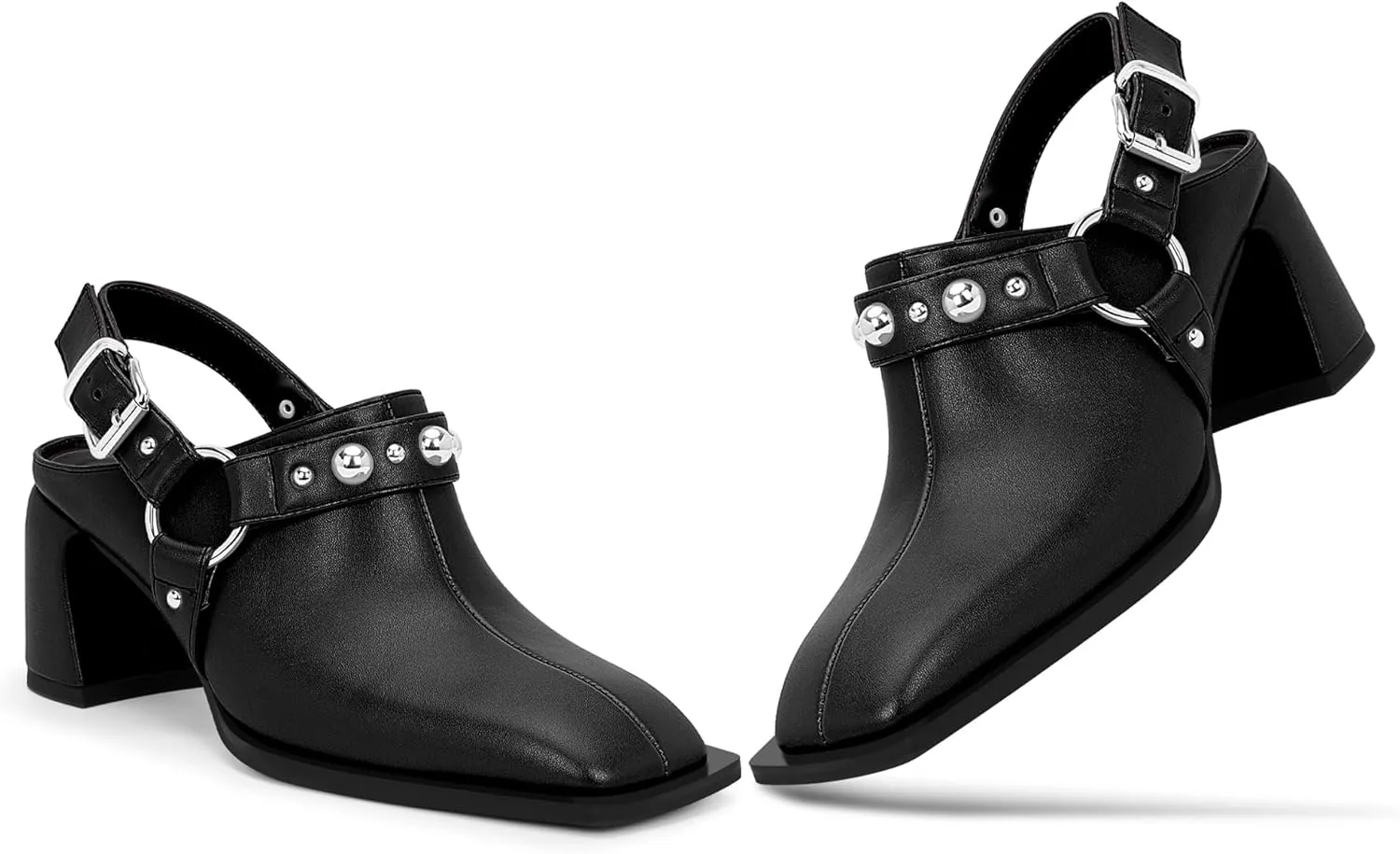 100FIXEO Women's Block Heel Slingback Pumps Studded Strap Buckle Square Toe Comfortable Shoes