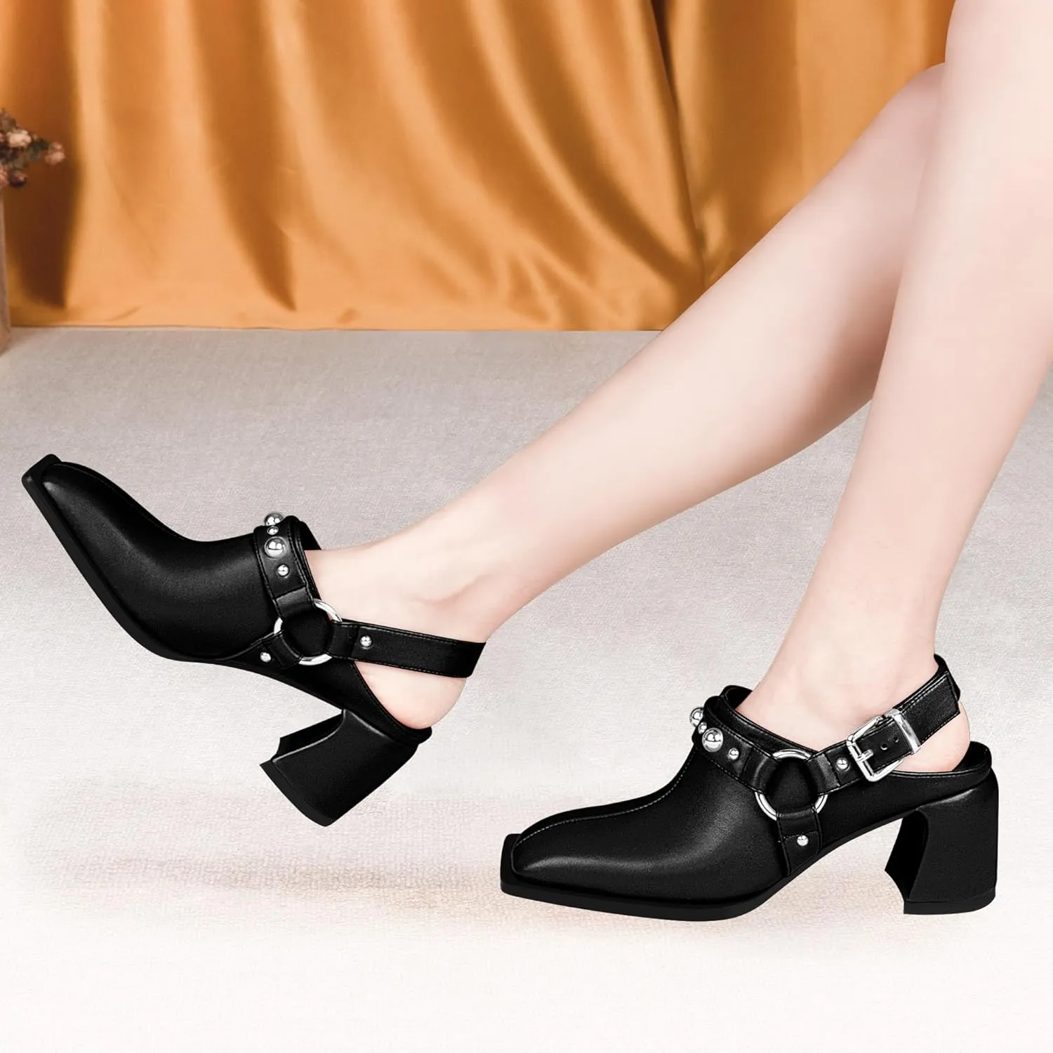 100FIXEO Women's Block Heel Slingback Pumps Studded Strap Buckle Square Toe Comfortable Shoes