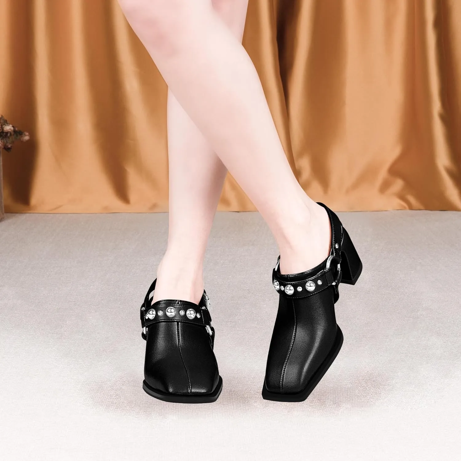 100FIXEO Women's Block Heel Slingback Pumps Studded Strap Buckle Square Toe Comfortable Shoes