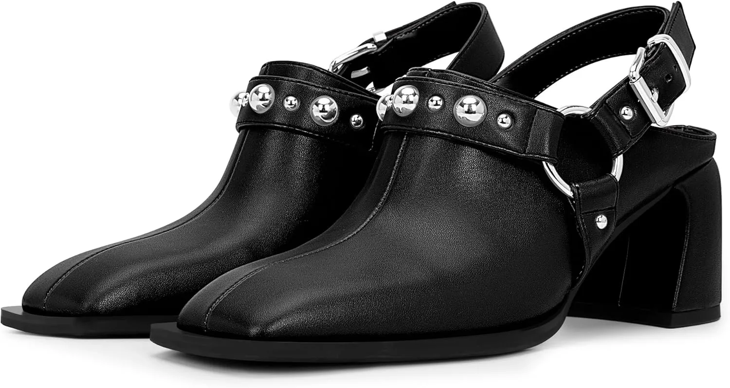 100FIXEO Women's Block Heel Slingback Pumps Studded Strap Buckle Square Toe Comfortable Shoes