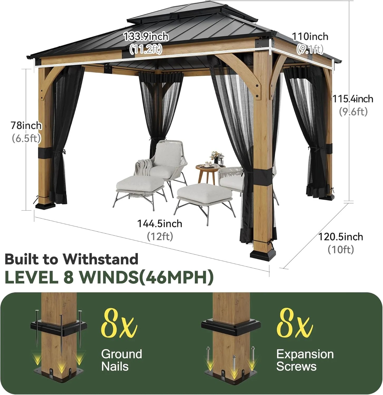 10x12 ft Cedar Wood Gazebo with Translucent roof, Hardtop Gazebo with Galvanized Steel Double Roof and Mosquito Netting, Heavy Duty Pavilion for Patio Lawn and Garden