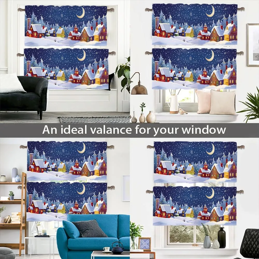 2 Panels Cabin Jungle Pine Tree Curtain Valance for Windows, Fantasy Starry Moon Town Rod Pocket Short Window Treatment Decor Drapes for Kitchen, Bathroom, 54" X 18"