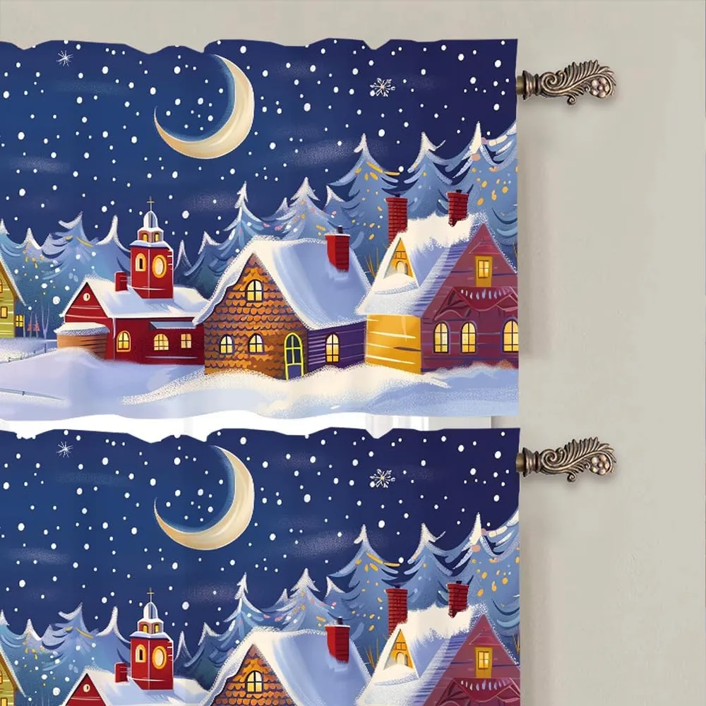 2 Panels Cabin Jungle Pine Tree Curtain Valance for Windows, Fantasy Starry Moon Town Rod Pocket Short Window Treatment Decor Drapes for Kitchen, Bathroom, 54" X 18"