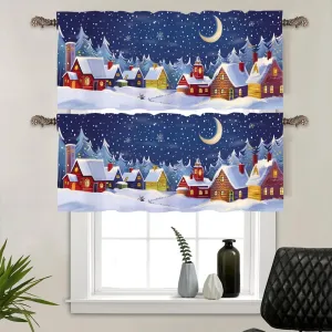 2 Panels Cabin Jungle Pine Tree Curtain Valance for Windows, Fantasy Starry Moon Town Rod Pocket Short Window Treatment Decor Drapes for Kitchen, Bathroom, 54" X 18"