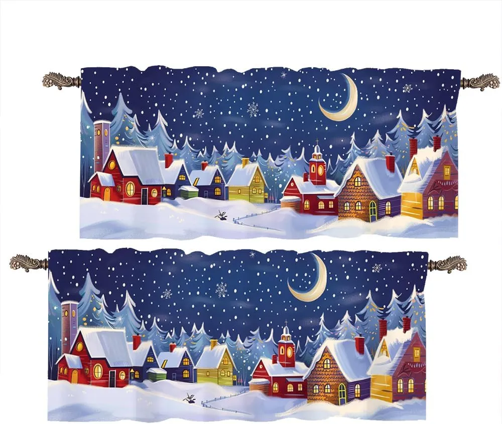 2 Panels Cabin Jungle Pine Tree Curtain Valance for Windows, Fantasy Starry Moon Town Rod Pocket Short Window Treatment Decor Drapes for Kitchen, Bathroom, 54" X 18"