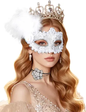 2025 New Masquerade Masks for Women with Flower Choker Necklace -Venetian Feather Masks used for Halloween Mardi Gras Costumes Accessory Party