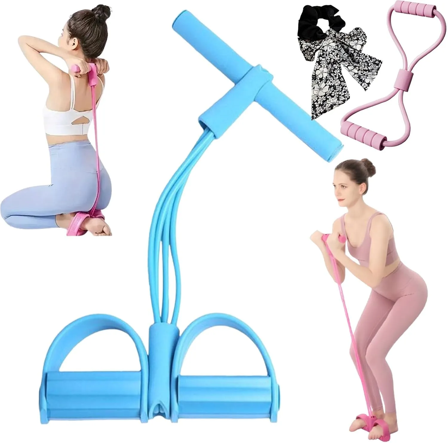 21 Fitness Resistance Bands-4 Tube Pedal Ankle Puller, Fabricateup Multifunction Pedal Resistance Band, Sit Up Exercise Equipment, Yoga Tension Rope for Abdomen, Waist, Arm, Leg
