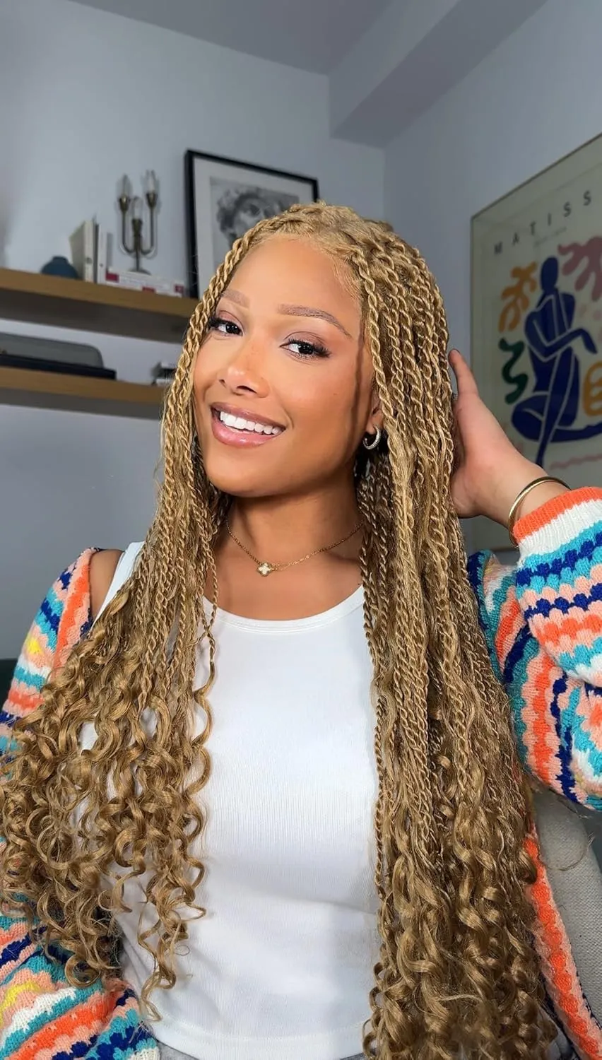 30 Inch Boho Braided Wigs for Black Women Knotless Boho island Twist Wig Single Full Lace Square Box Honey Blonde Braids Wig Pre Plucked with Baby Hair Beginner Friendly