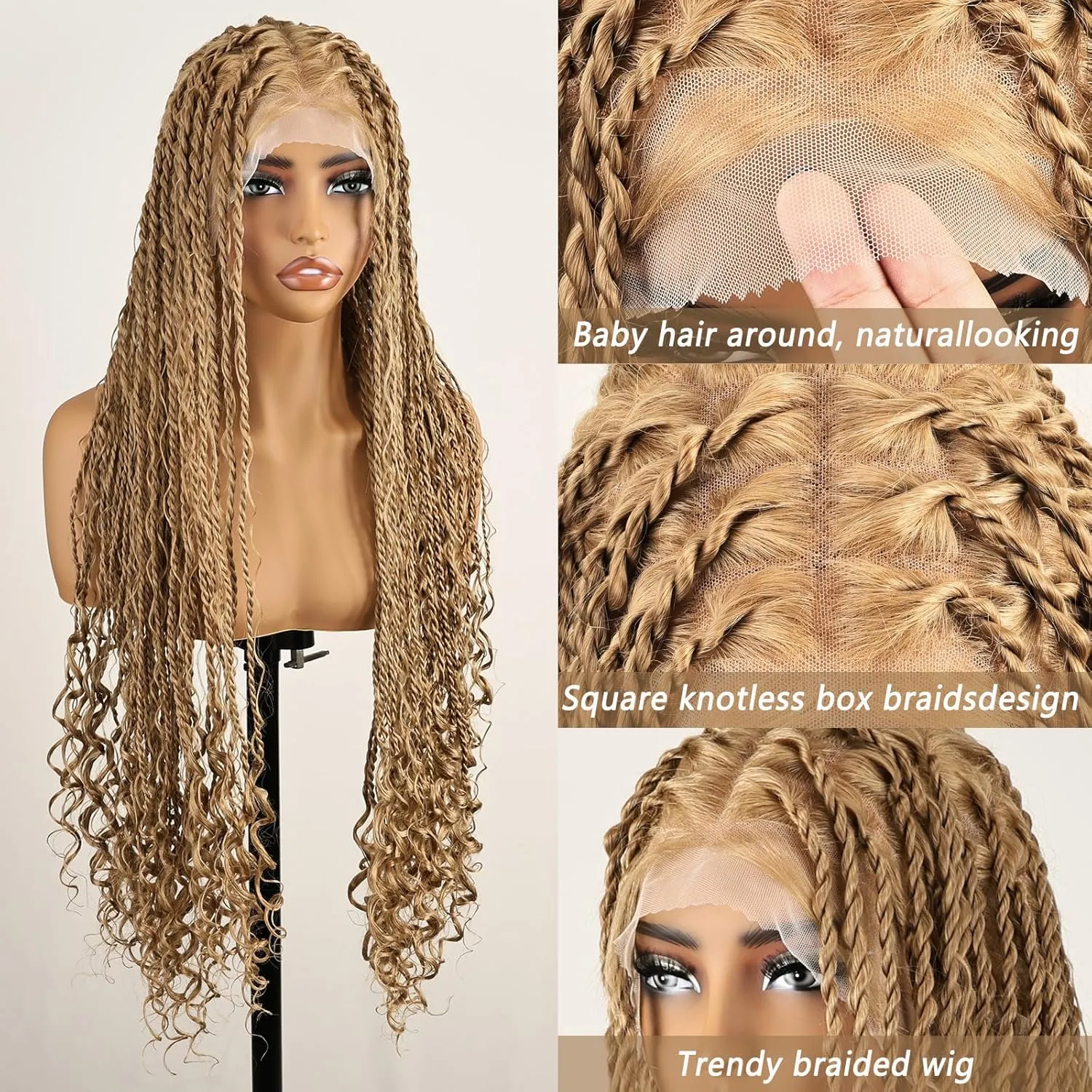 30 Inch Boho Braided Wigs for Black Women Knotless Boho island Twist Wig Single Full Lace Square Box Honey Blonde Braids Wig Pre Plucked with Baby Hair Beginner Friendly