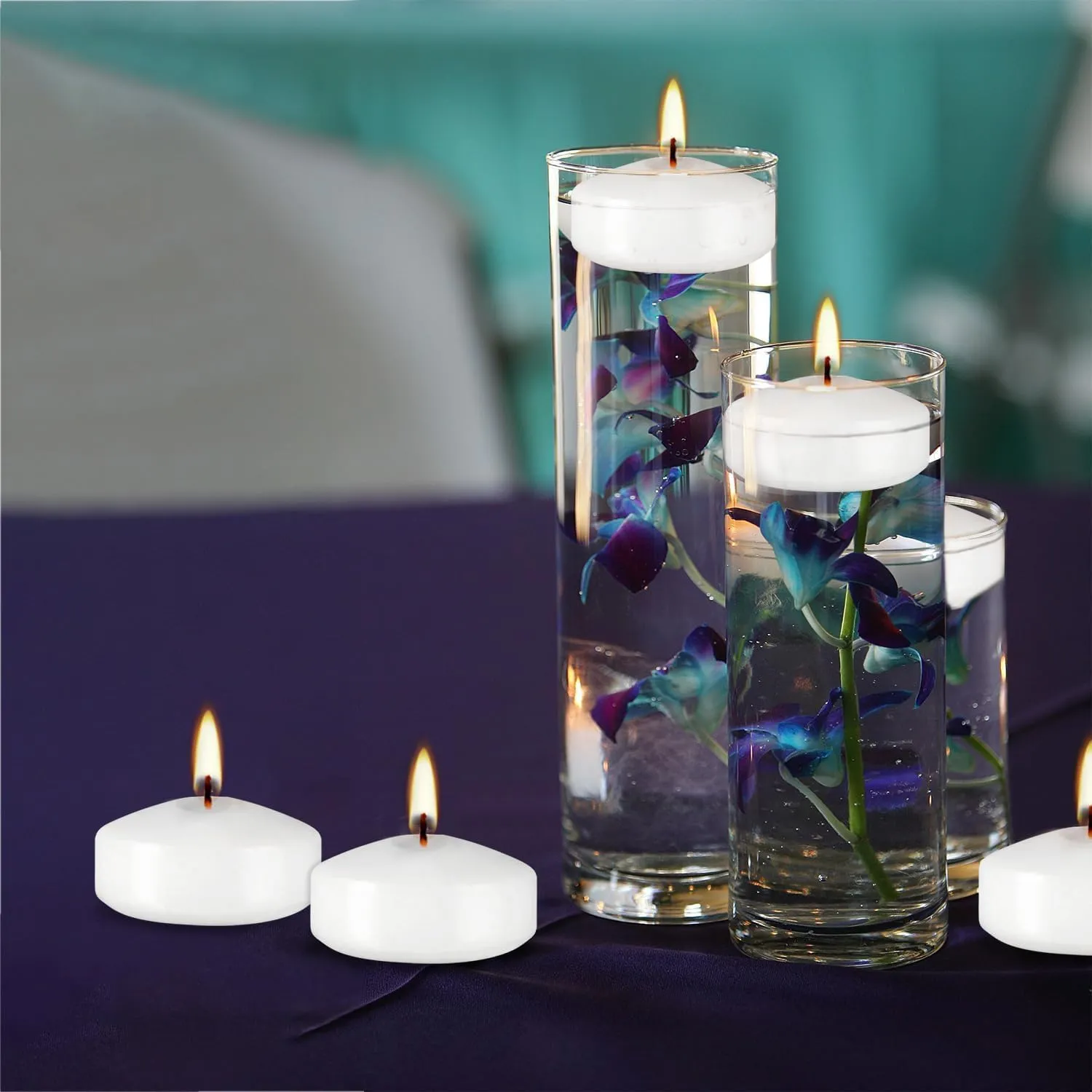 50 Pack of 2-Inch White Floating Candles - Ideal for Weddings, Home Décor, Spa Baths, and Romantic Settings.
