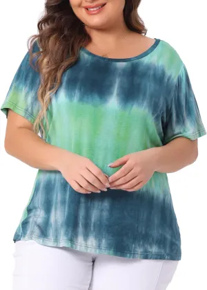 Agnes Orinda Plus Size Blouse for Women Round Neck Short Sleeve T-Shirts Rainbow Tie Dye Tee Tops