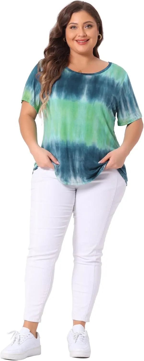 Agnes Orinda Plus Size Blouse for Women Round Neck Short Sleeve T-Shirts Rainbow Tie Dye Tee Tops