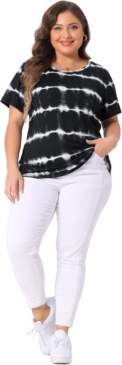 Agnes Orinda Plus Size Blouse for Women Round Neck Short Sleeve T-Shirts Rainbow Tie Dye Tee Tops