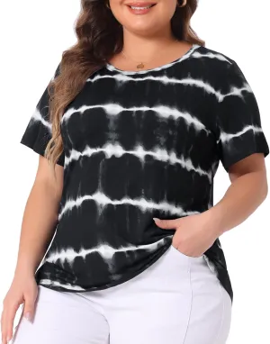 Agnes Orinda Plus Size Blouse for Women Round Neck Short Sleeve T-Shirts Rainbow Tie Dye Tee Tops