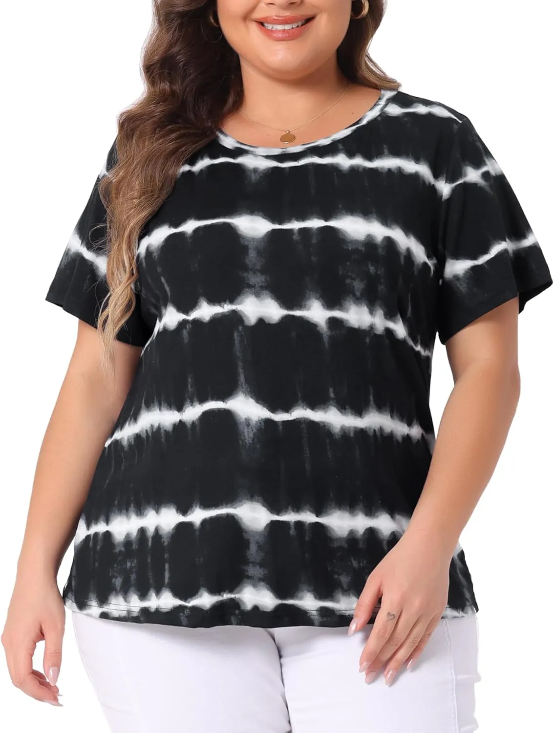 Agnes Orinda Plus Size Blouse for Women Round Neck Short Sleeve T-Shirts Rainbow Tie Dye Tee Tops