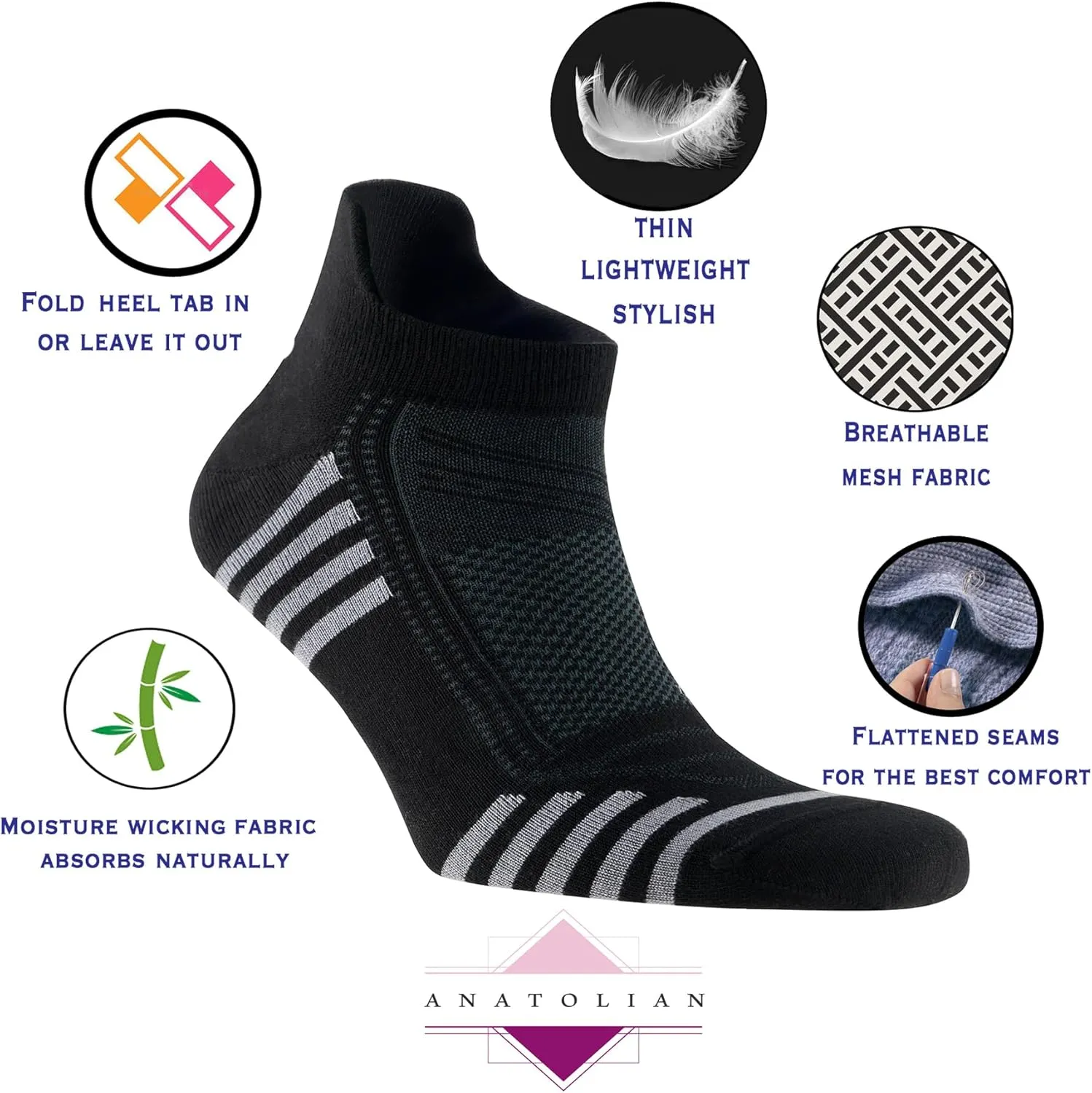 Ankle Socks with back Heel Tab for Men Low Cut Cool Comfort Fit Athletic Performance 6 pair pack