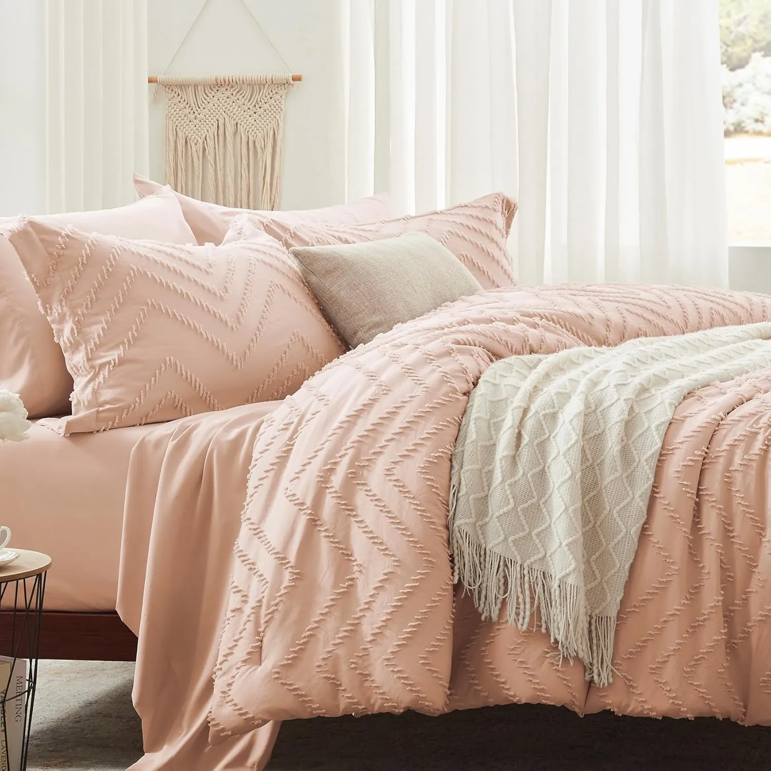 Anluoer Queen Comforter Set, Pink Tufted Bed in a Bag 7 Pieces with comforters and Sheets, All Season Bedding Sets 1 Comforter, 2 PillowShams, Pillowcases, Flat Sheet, Fitted Sheet (ANUS23CF04PI8888)