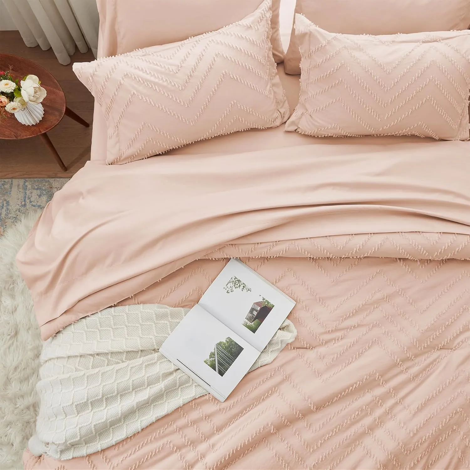 Anluoer Queen Comforter Set, Pink Tufted Bed in a Bag 7 Pieces with comforters and Sheets, All Season Bedding Sets 1 Comforter, 2 PillowShams, Pillowcases, Flat Sheet, Fitted Sheet (ANUS23CF04PI8888)
