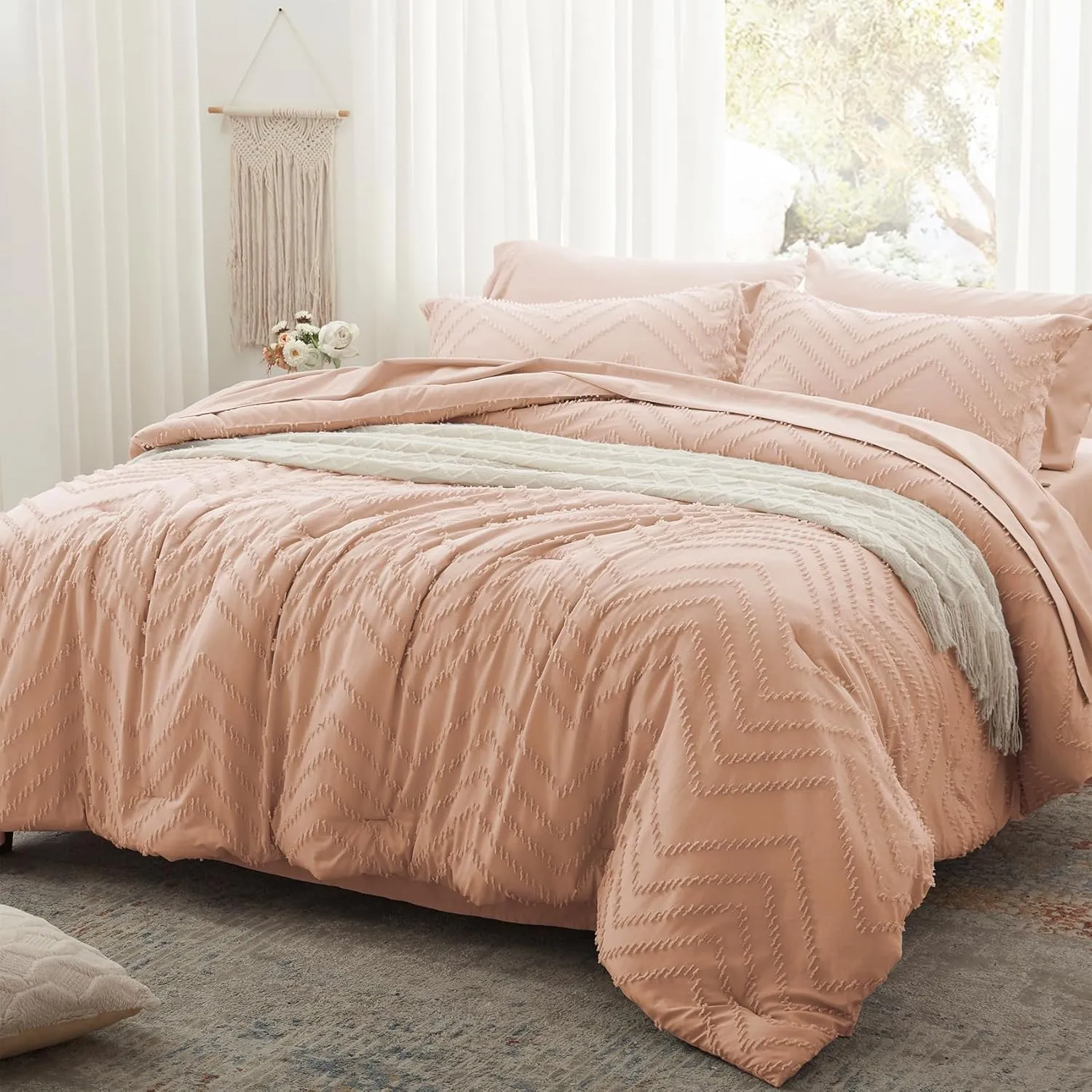 Anluoer Queen Comforter Set, Pink Tufted Bed in a Bag 7 Pieces with comforters and Sheets, All Season Bedding Sets 1 Comforter, 2 PillowShams, Pillowcases, Flat Sheet, Fitted Sheet (ANUS23CF04PI8888)