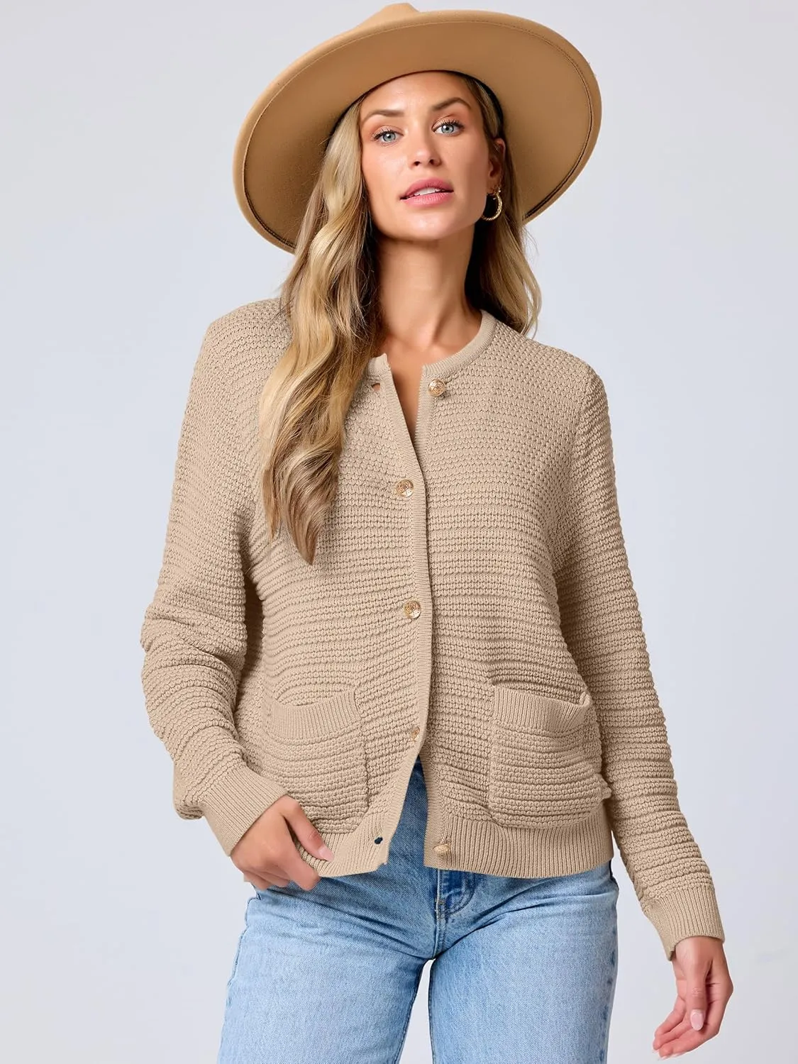 ANRABESS Women's Tweed Knit Cardigan Sweater Casual Long Sleeve Cropped Button Down Lady Jackets 2025 Spring Fashion Outwear