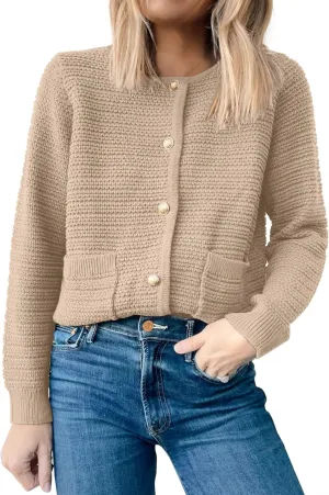 ANRABESS Women's Tweed Knit Cardigan Sweater Casual Long Sleeve Cropped Button Down Lady Jackets 2025 Spring Fashion Outwear