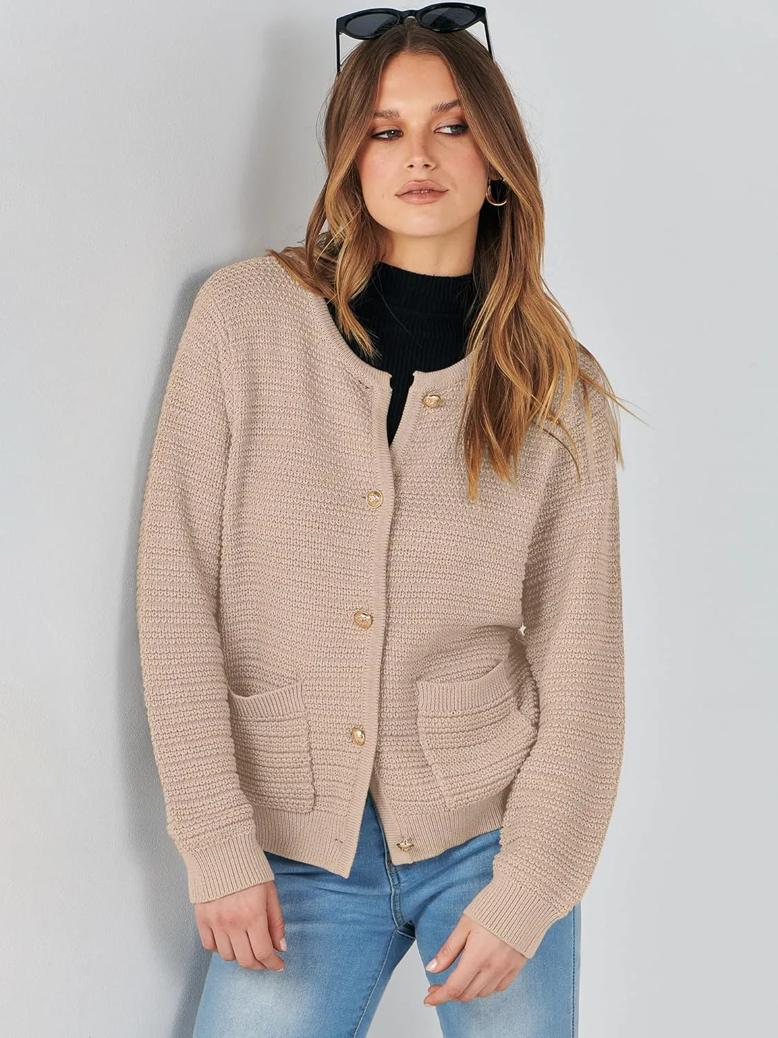 ANRABESS Women's Tweed Knit Cardigan Sweater Casual Long Sleeve Cropped Button Down Lady Jackets 2025 Spring Fashion Outwear