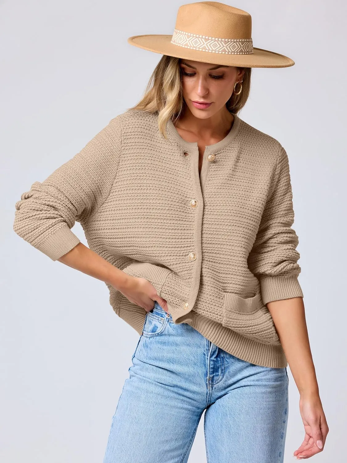ANRABESS Women's Tweed Knit Cardigan Sweater Casual Long Sleeve Cropped Button Down Lady Jackets 2025 Spring Fashion Outwear