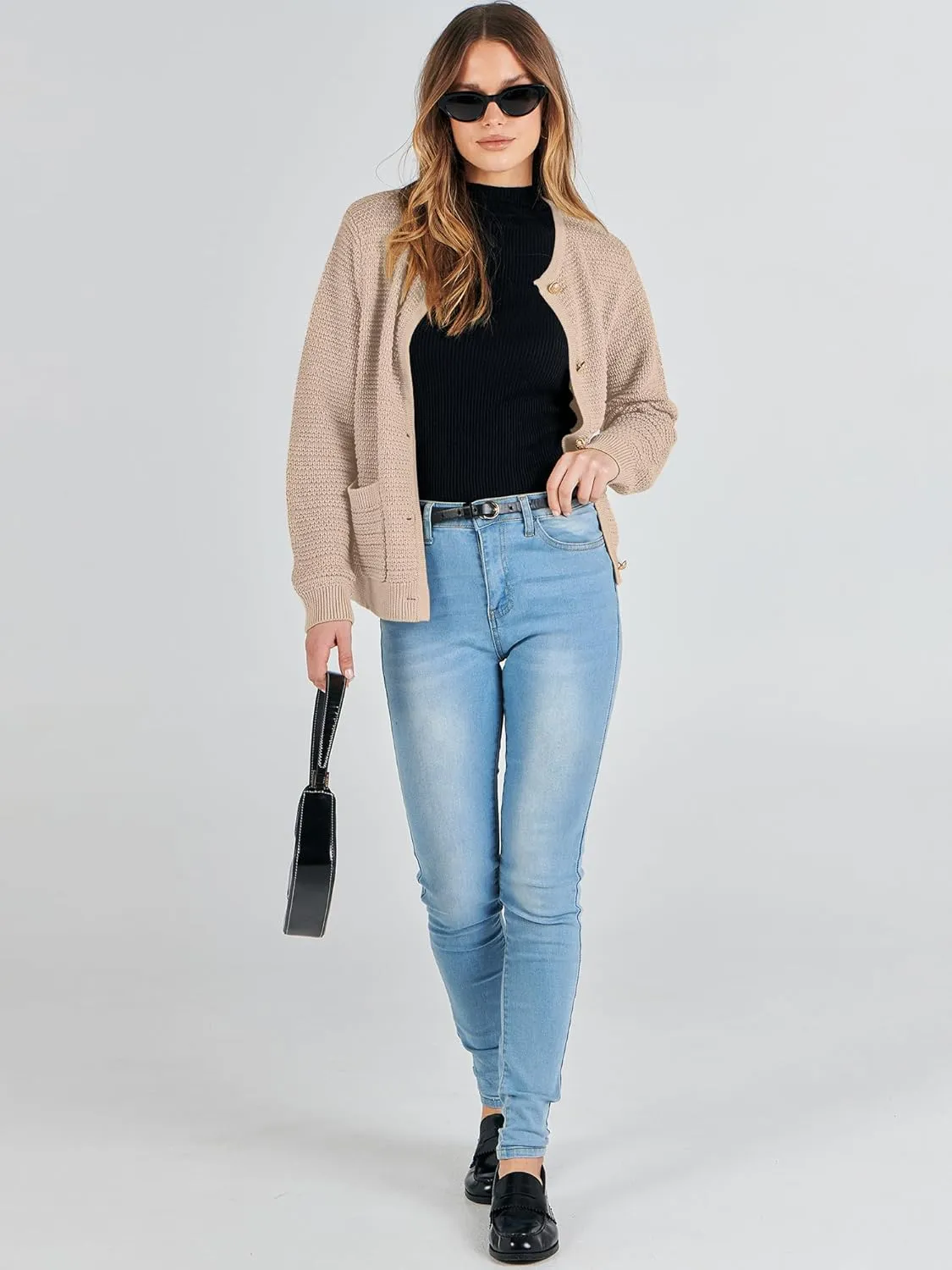 ANRABESS Women's Tweed Knit Cardigan Sweater Casual Long Sleeve Cropped Button Down Lady Jackets 2025 Spring Fashion Outwear