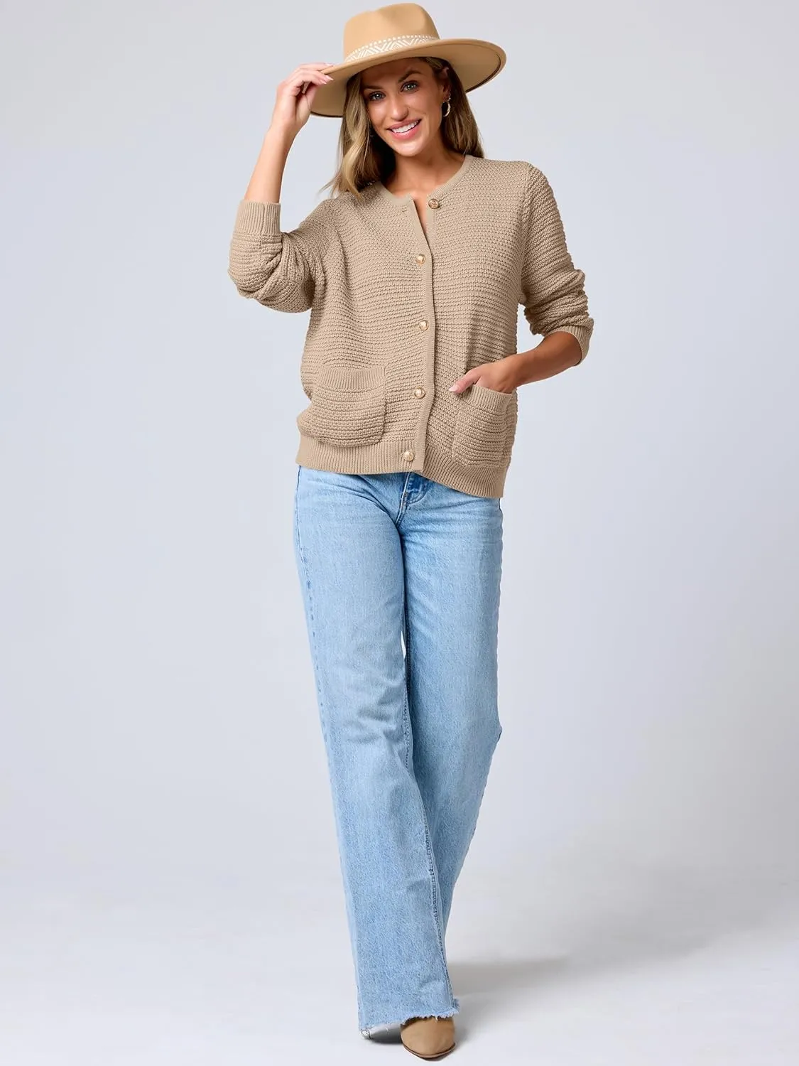 ANRABESS Women's Tweed Knit Cardigan Sweater Casual Long Sleeve Cropped Button Down Lady Jackets 2025 Spring Fashion Outwear