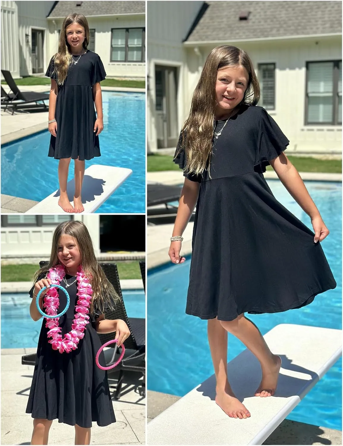 Arshiner Girl's Summer Dresses Ruffle Short Sleeve Swing Flowy Midi Casual Sundress with Pockets