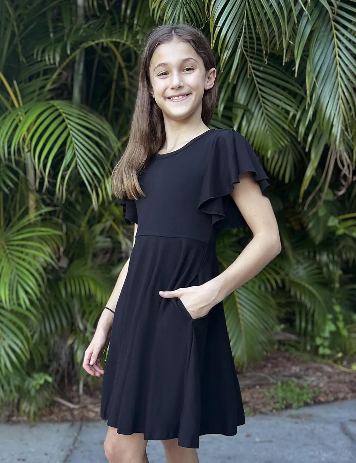 Arshiner Girl's Summer Dresses Ruffle Short Sleeve Swing Flowy Midi Casual Sundress with Pockets
