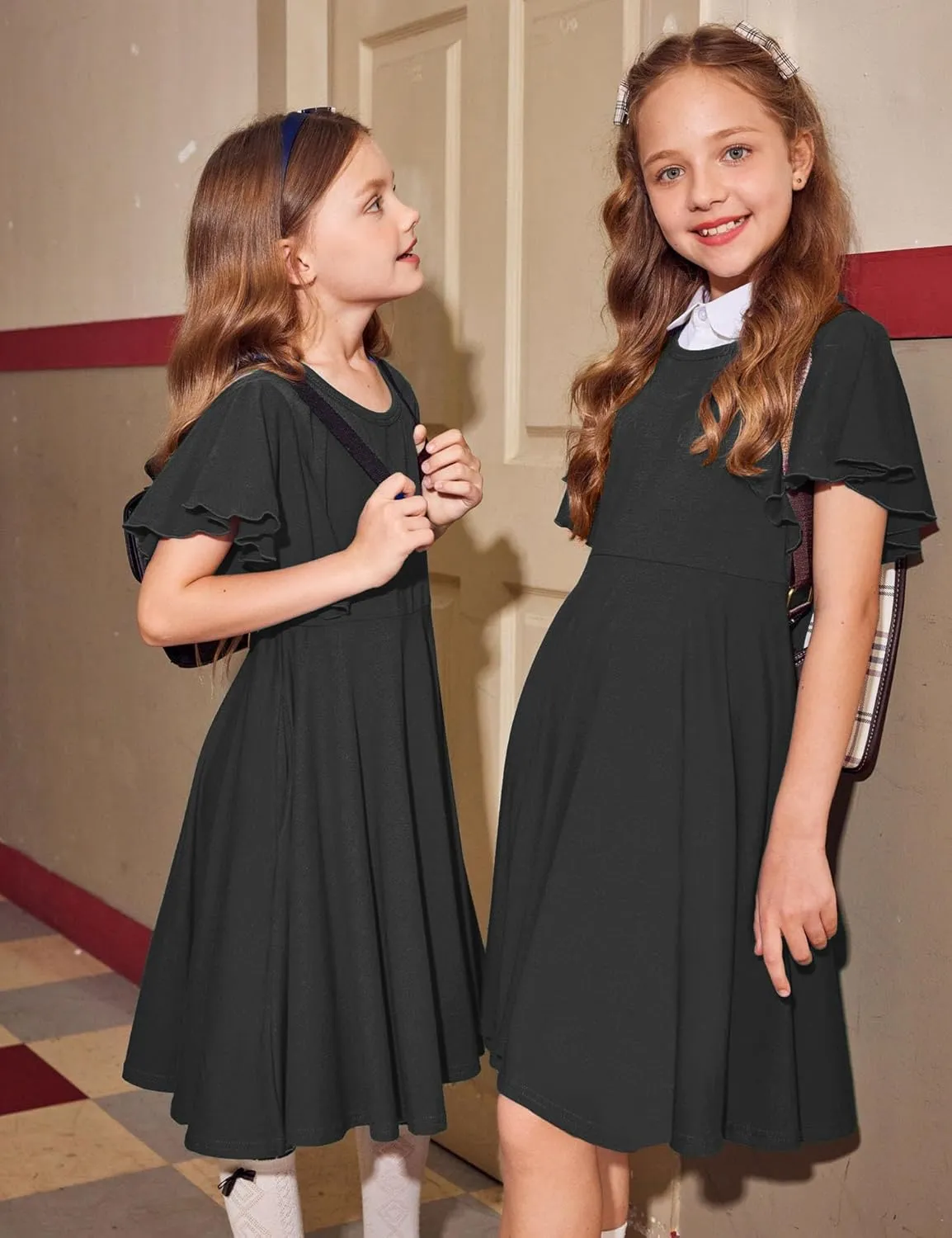 Arshiner Girl's Summer Dresses Ruffle Short Sleeve Swing Flowy Midi Casual Sundress with Pockets