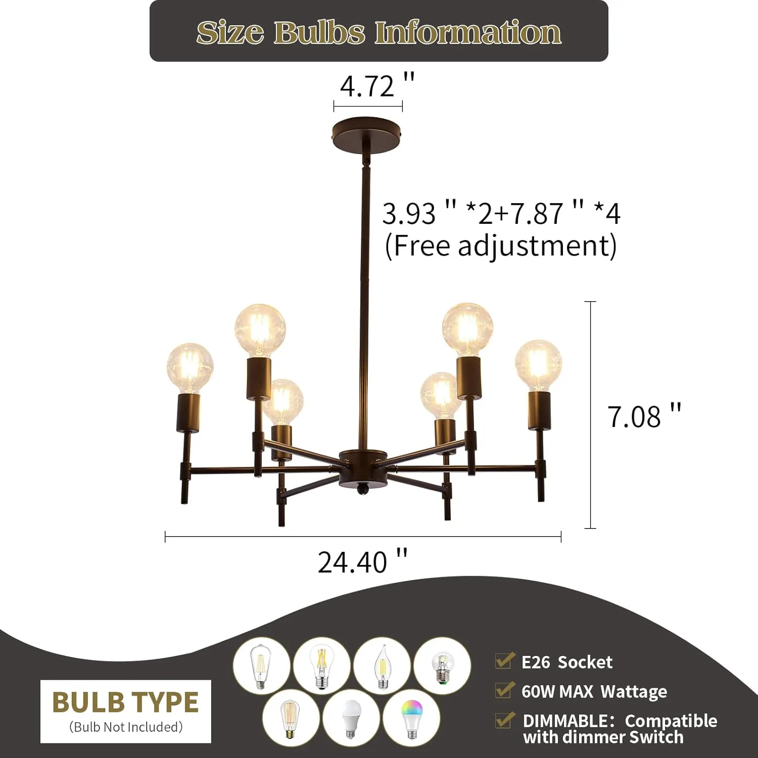 ASGYISA 6-Ceiling Light Black Sputnik Chandelier Metal Modern Semi Flush Mount Fixture Pendant Lights Industrial Farmhouse for Bedroom Kitchen Dining Room Living Room Laundry Room E26 Base