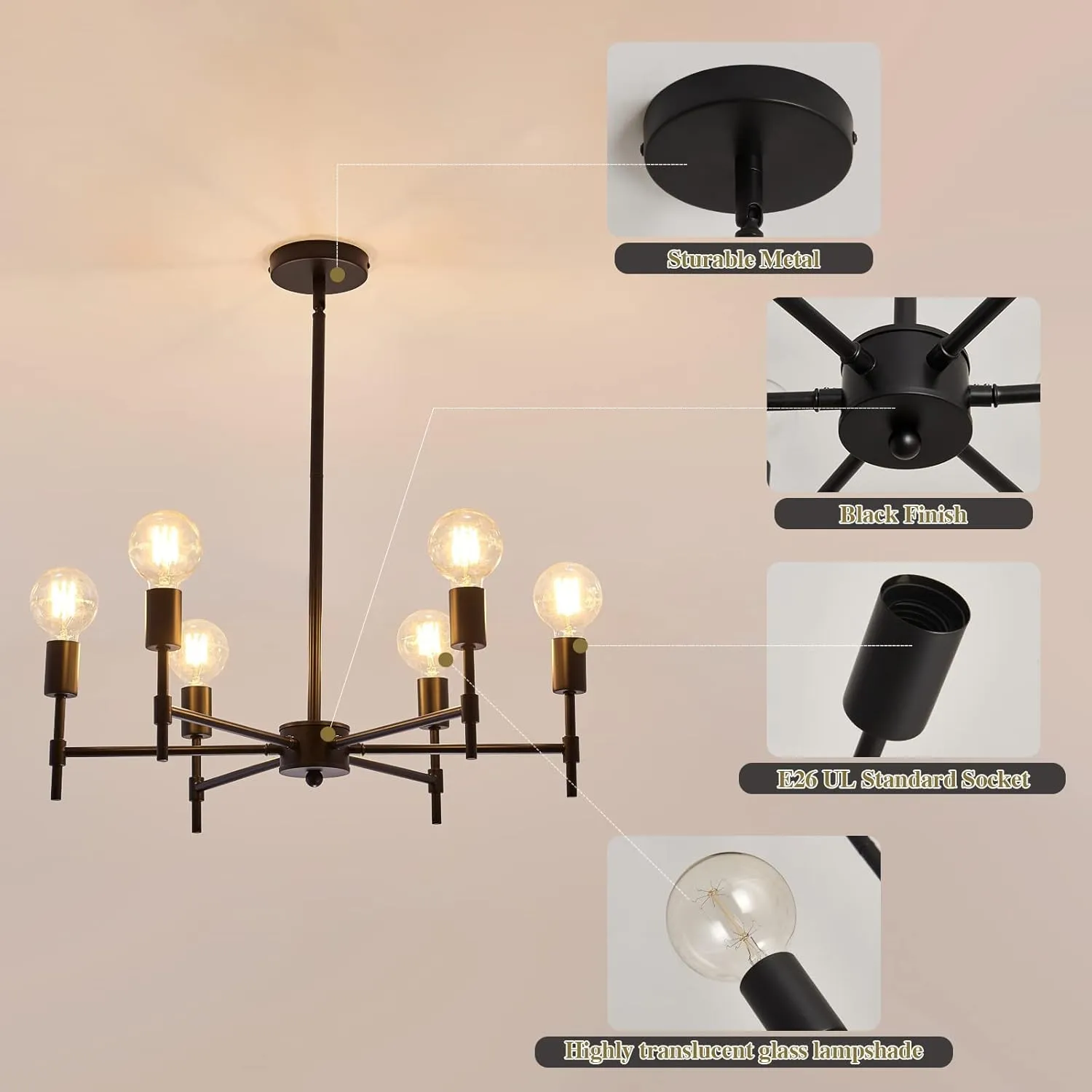 ASGYISA 6-Ceiling Light Black Sputnik Chandelier Metal Modern Semi Flush Mount Fixture Pendant Lights Industrial Farmhouse for Bedroom Kitchen Dining Room Living Room Laundry Room E26 Base