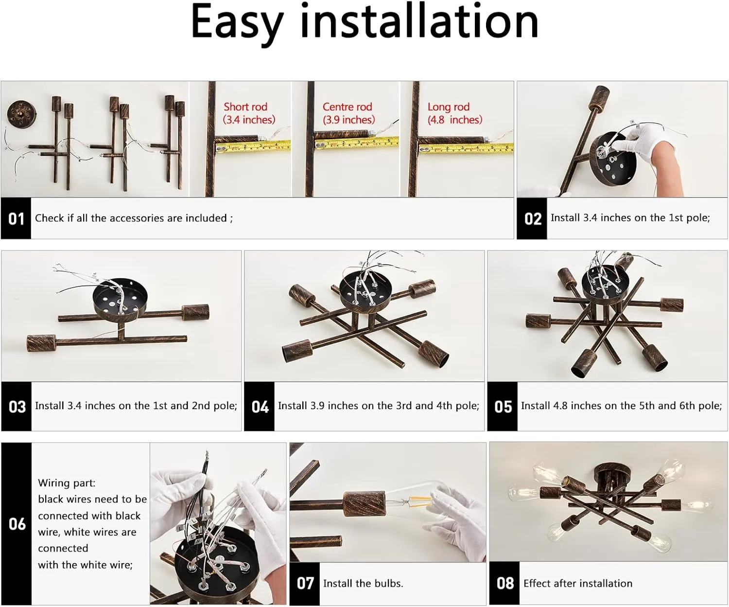 ASGYISA 6-Lights Semi Flush Mount Ceiling Light Fixture Vintage Modern Bronze Matte Sputnik Chandelier Farmhouse Ceiling Lamp for Kitchen Bedroom Dining Room Living Room Entryway.