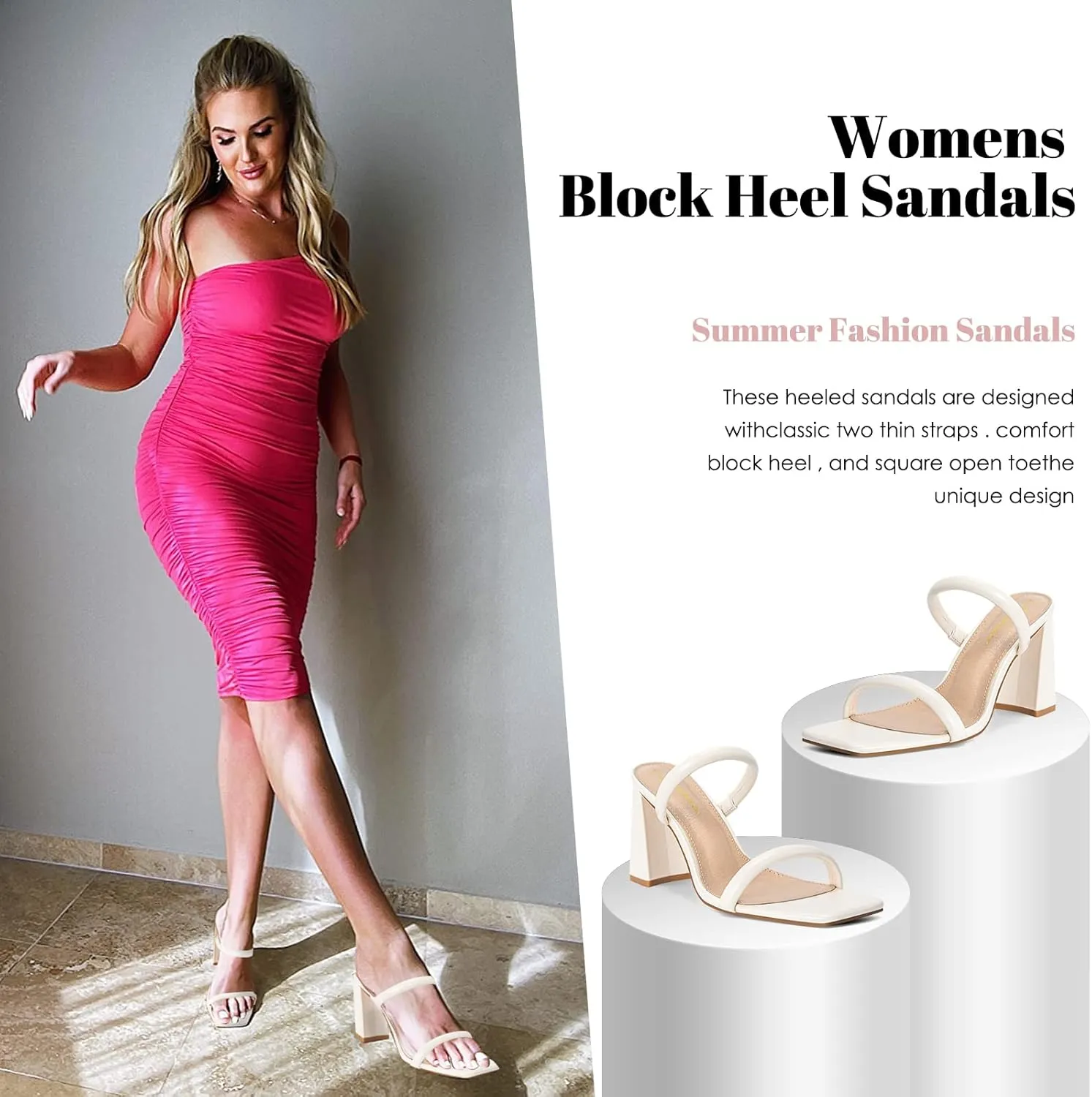 Athlefit Women's Square Open Toe Two Strap Heeled Sandals Slip On Block Chunky Heels Sandals