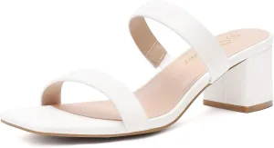 Athlefit Women's Two Strap Open Toe Heels Sandals Chunky Block Comfortable Slip On Low Heel Dress Shoes