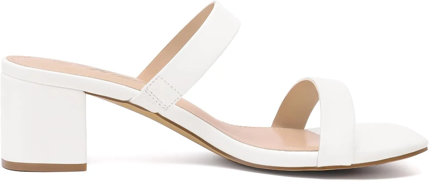 Athlefit Women's Two Strap Open Toe Heels Sandals Chunky Block Comfortable Slip On Low Heel Dress Shoes
