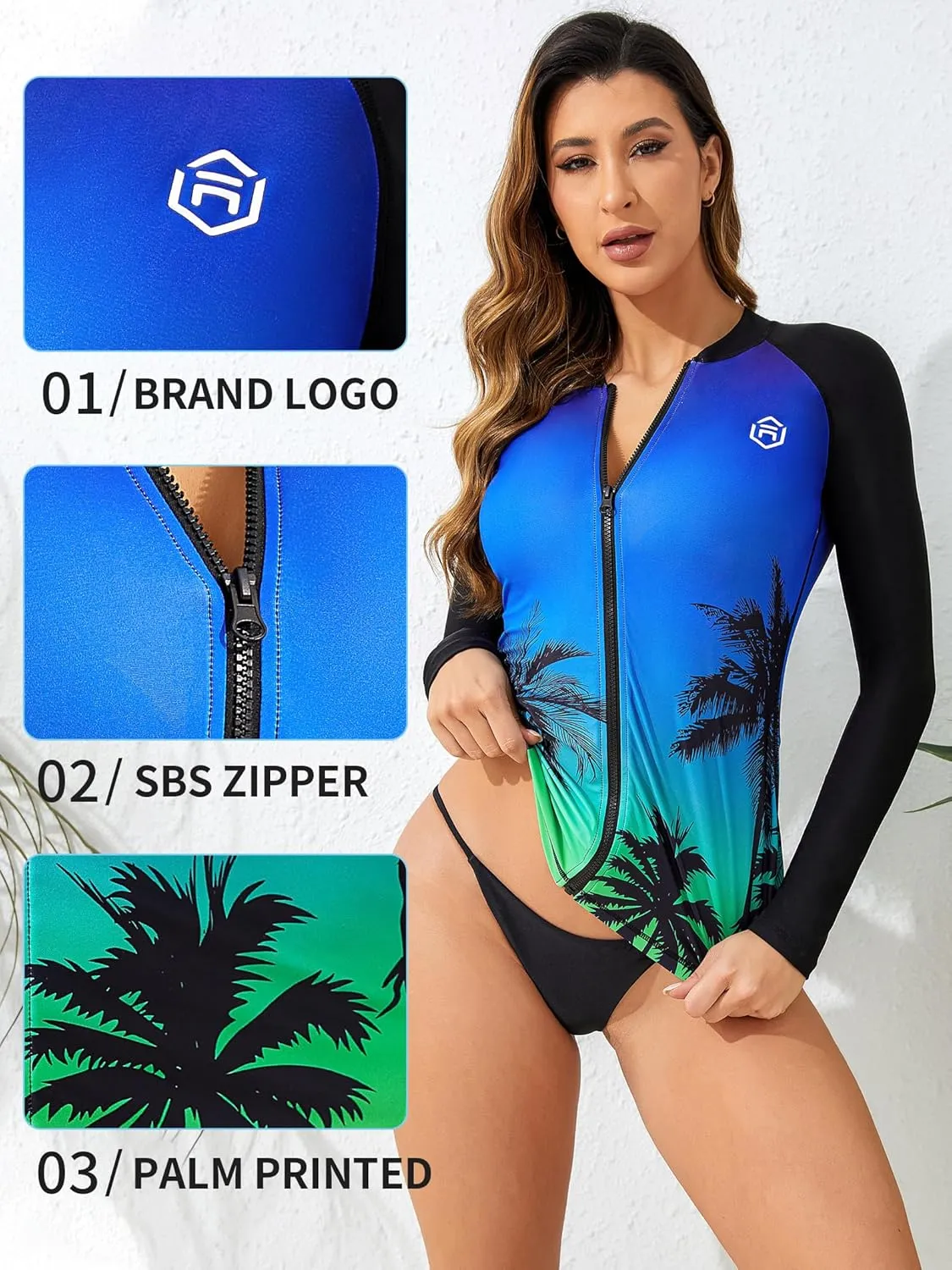 ATTRACO Women's Long Sleeve Rash Guard UV Sun Protection Zipper Gradient Swimsuit Top