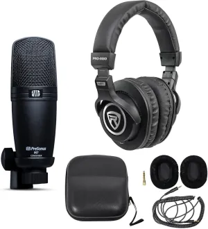 Audiosavings Bundle: (1) Presonus M7 Cardiod Electret Studio Condenser Microphone Recording Mic Bundle with (1) Rockville PRO-M50 Studio Headphones w/Detachable Coil Cable, Case (2 Items)