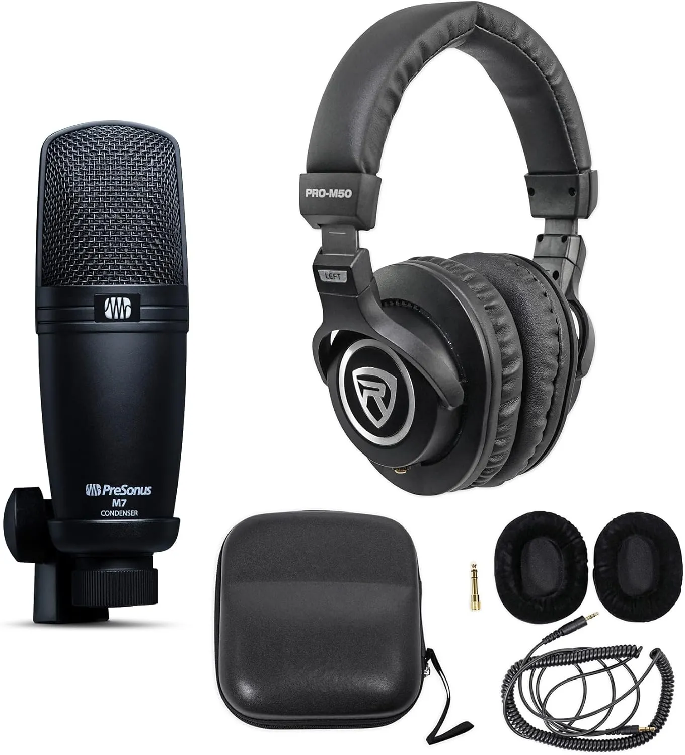 Audiosavings Bundle: (1) Presonus M7 Cardiod Electret Studio Condenser Microphone Recording Mic Bundle with (1) Rockville PRO-M50 Studio Headphones w/Detachable Coil Cable, Case (2 Items)