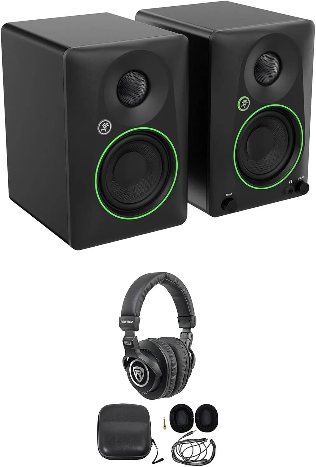 Audiosavings Bundle: Pair of Mackie CR3.5BT 3.5" Powered Studio Monitors with Tone Control/Bluetooth Bundle with Rockville PRO-M50 Studio Headphones (2 Items)