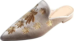 Axellion Comfortable Embroidered Mules for Women, Slip-on Backless Loafers with Pointed Toe, Stylish Flat Slides for Casual & Business Wear