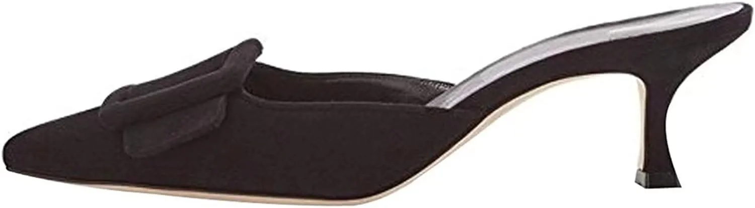 Axellion Comfortable Kitten Heel Mules for Women, Slip-on Backless Loafers with Pointed Toe, Buckle Knot Detail, Stylish Flat Slides for Casual & Business Wear