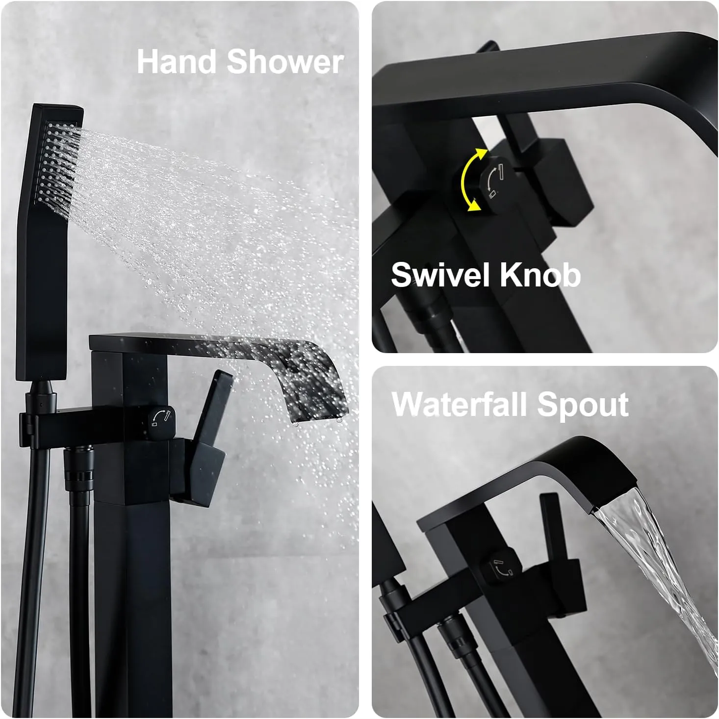 BAGNOLUX Freestanding Bathtub Faucet Tub Filler Floor Mount Bathroom Faucets Brass Single Handle with Hand Shower (Waterfall Style A, Matte Black)