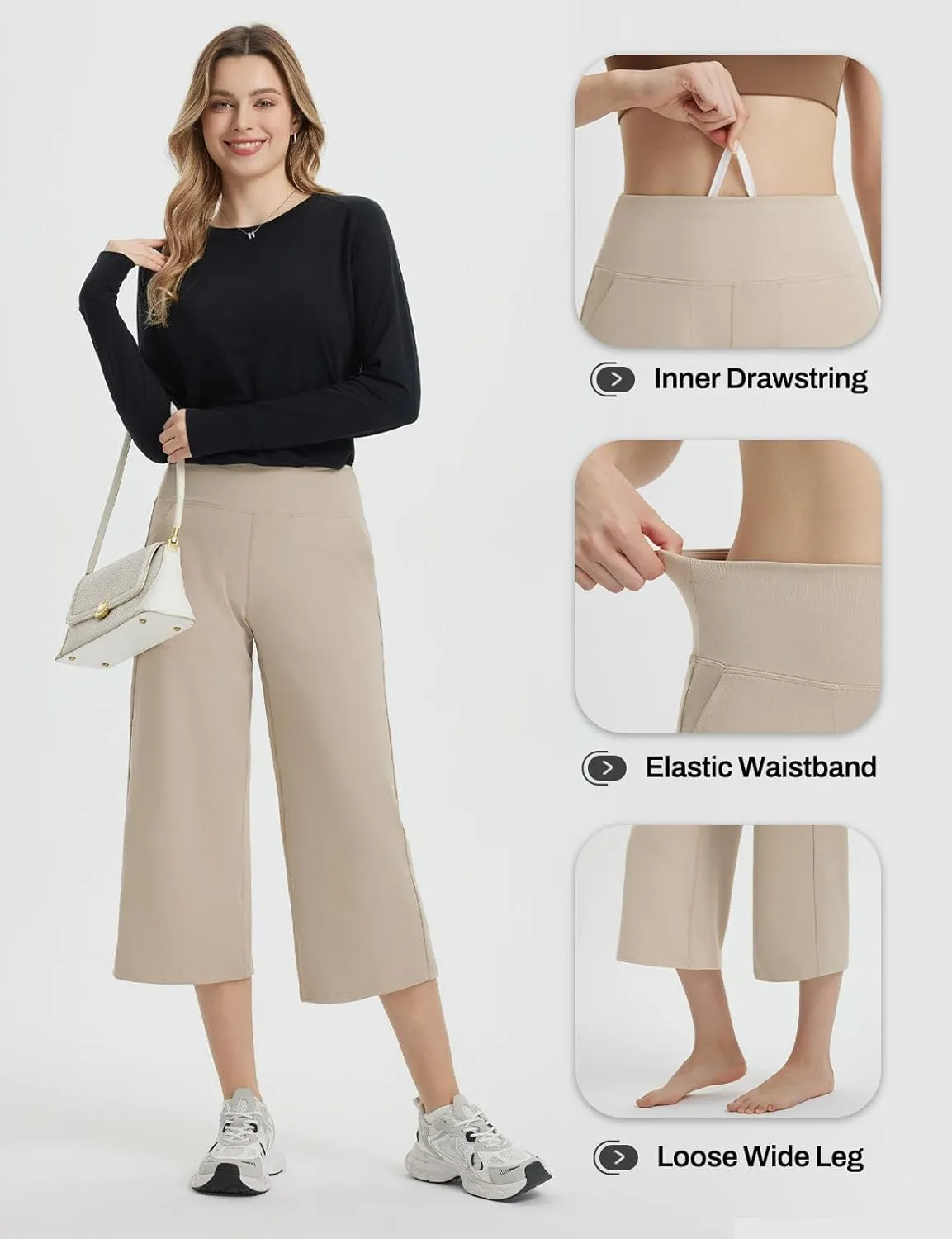 baleaf Women's Capri Pants Wide Leg Yoga Dress Capris High Waist Cropped Pants with Pockets Loose Lounge Travel Summer