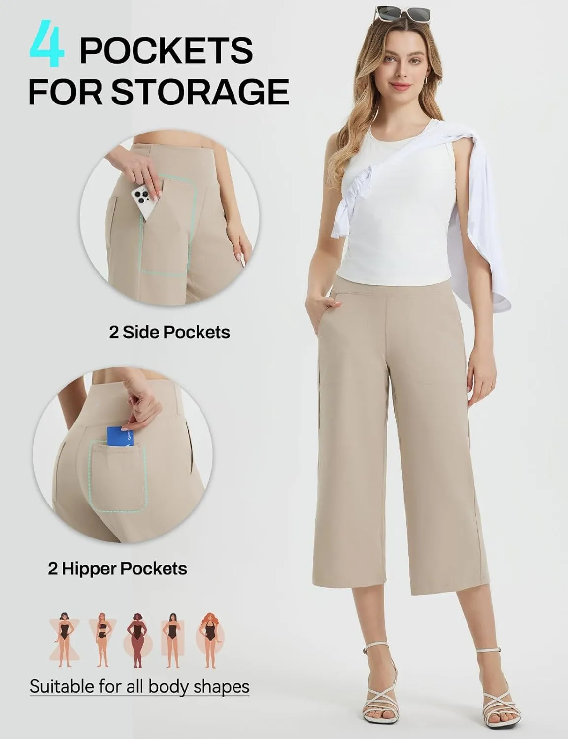 baleaf Women's Capri Pants Wide Leg Yoga Dress Capris High Waist Cropped Pants with Pockets Loose Lounge Travel Summer